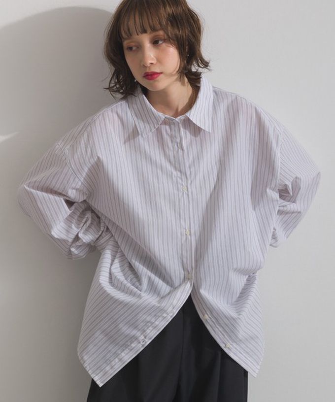 日本 ELENCARE DUE - 2way穿法俐落條紋寬版襯衫-卡其