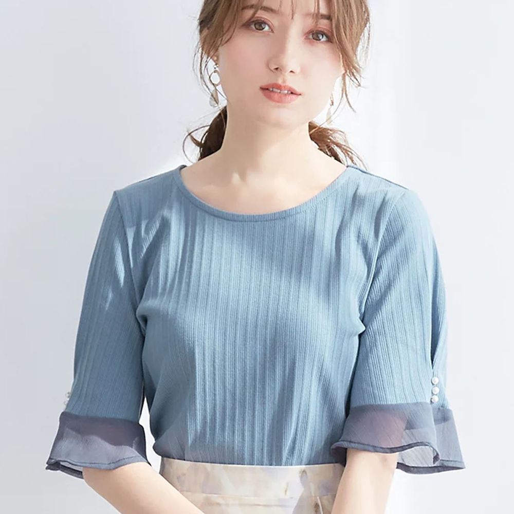 日本 BELLUNA - 氣質直羅紋異材質薄紗拼接五分袖上衣-水藍