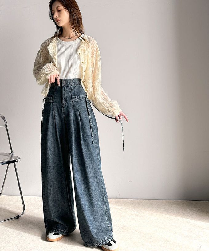 日本 Classical Elf - 側蝴蝶結純棉丹寧摺線寬褲-(環保材質)-黑