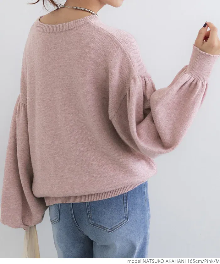 日本 COCA - 澎澎氣球袖圓領針織上衣-粉紅