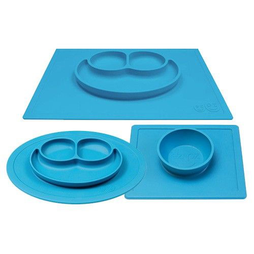 美國 ezpz - 快樂餐盤 Happy Mat+Bowl+Mini Mat-餐盤+餐碗+迷你餐盤-寶石藍