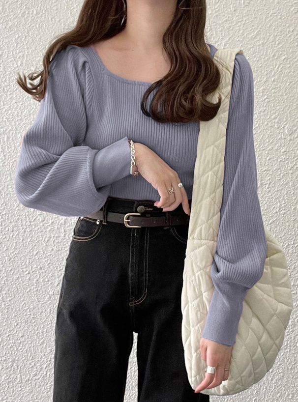 日本 GRL - 百搭方領彈性針織上衣-咖啡