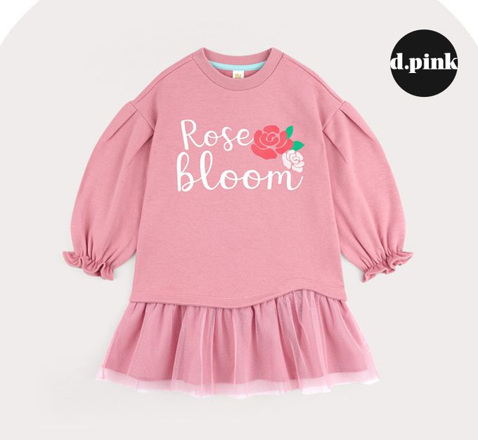 韓國 HEJMINI - (內刷毛)玫瑰印縮袖拼接網紗洋裝-粉