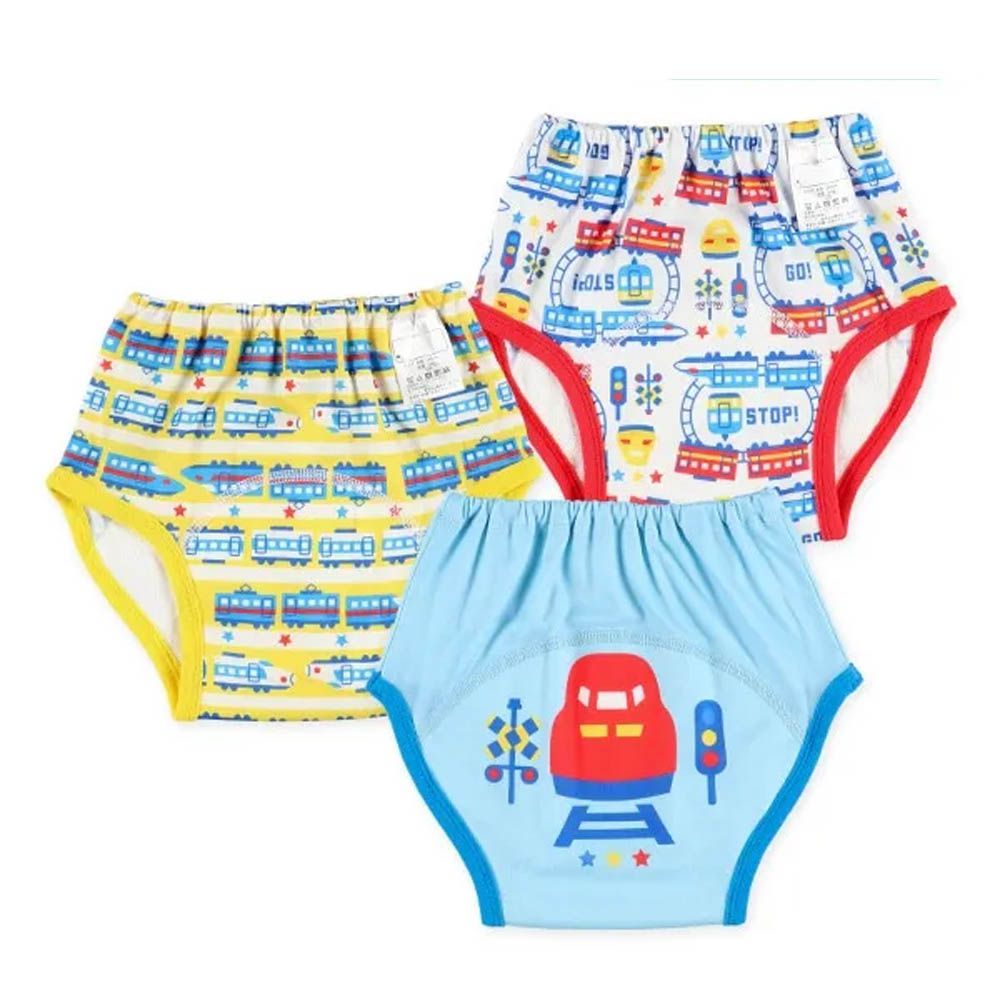 三層密縫式學習褲3件組-新幹線排列-水藍&黃