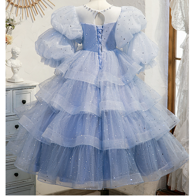 love, charlotte - 華麗水藍紗繡花亮片手工釘珠氣質蛋糕長裙禮服-水藍色