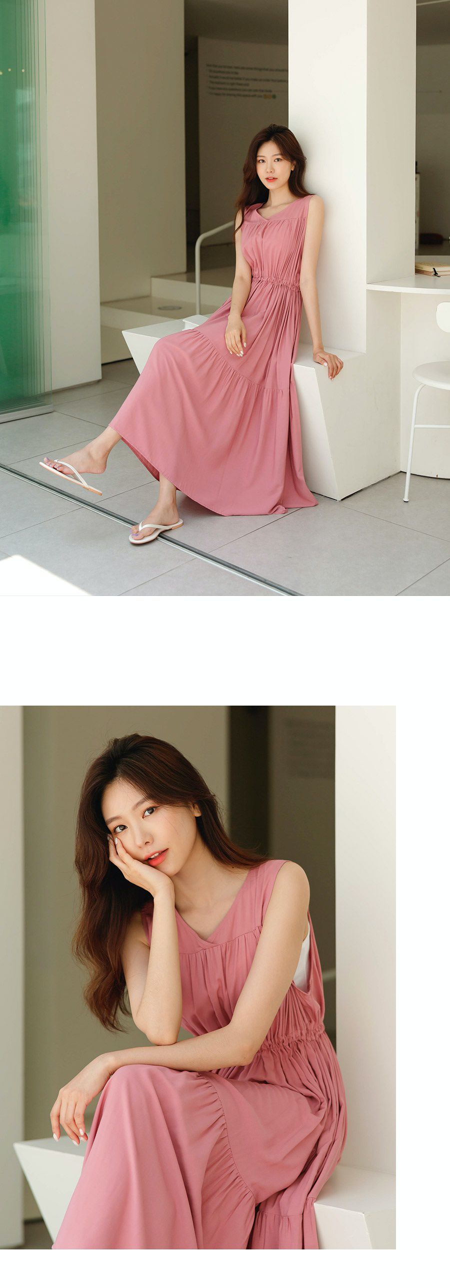 韓國 Urbantheroom - 腰間抓皺綁帶無袖長洋裝-卡其綠 (Free)