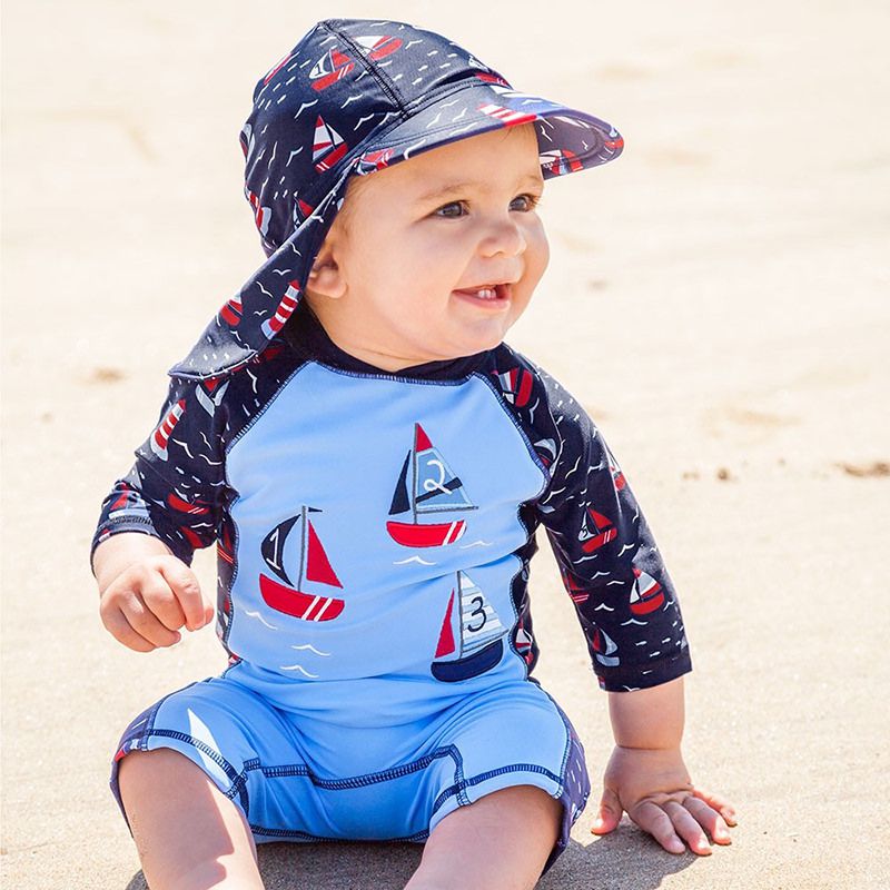 英國 JoJo Maman BeBe - 嬰幼兒/兒童連身式防曬泳裝-數字帆船