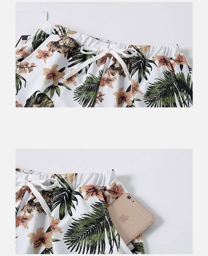 男士泳褲-復古葉片-棕+綠+白