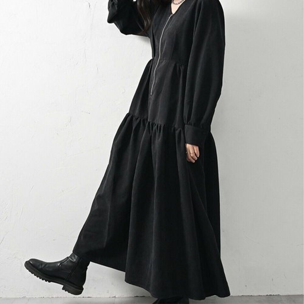 V領拉鏈桃皮絨優美長袖洋裝-黑