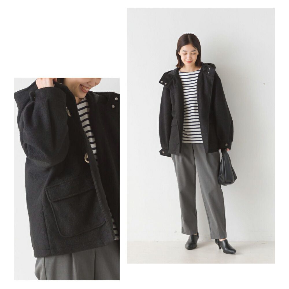 日本 OMNES - 文藝感牛角扣短版連帽大衣-米杏