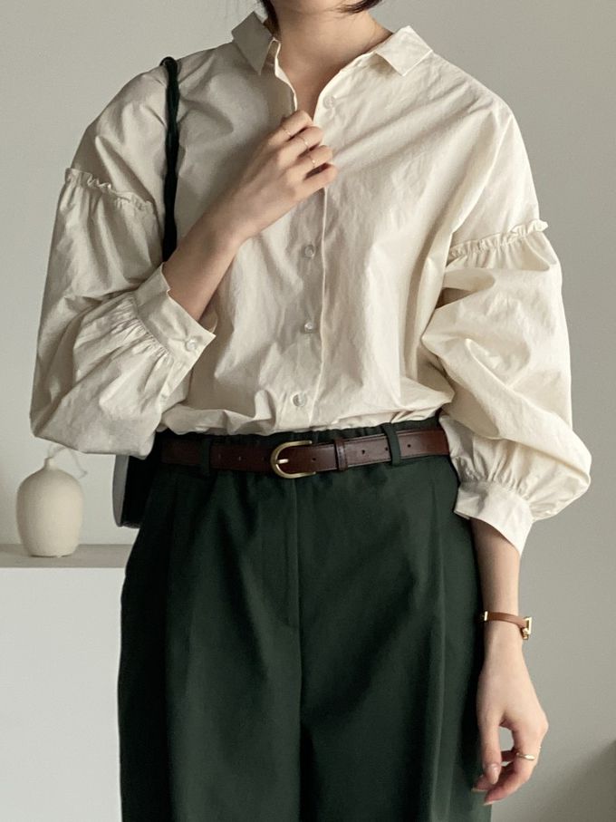 韓國女裝連線 - 極簡拼接翻領長袖襯衫-米杏 (FREE)