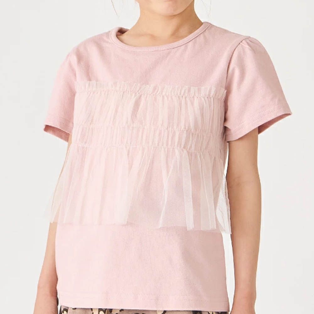 100%棉 層次透明蕾絲短袖上衣-粉紅