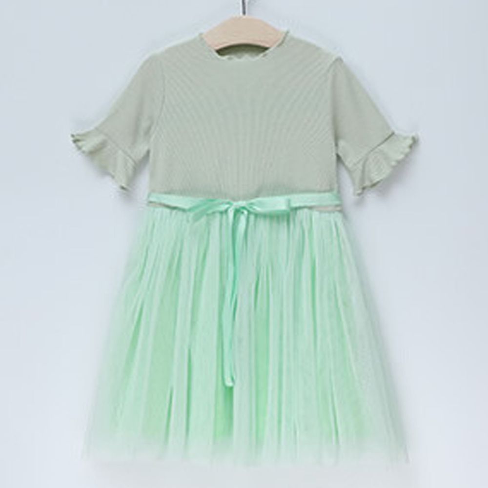 日本 Maison de Ravi - 滾花邊領短袖紗裙洋裝-薄荷綠