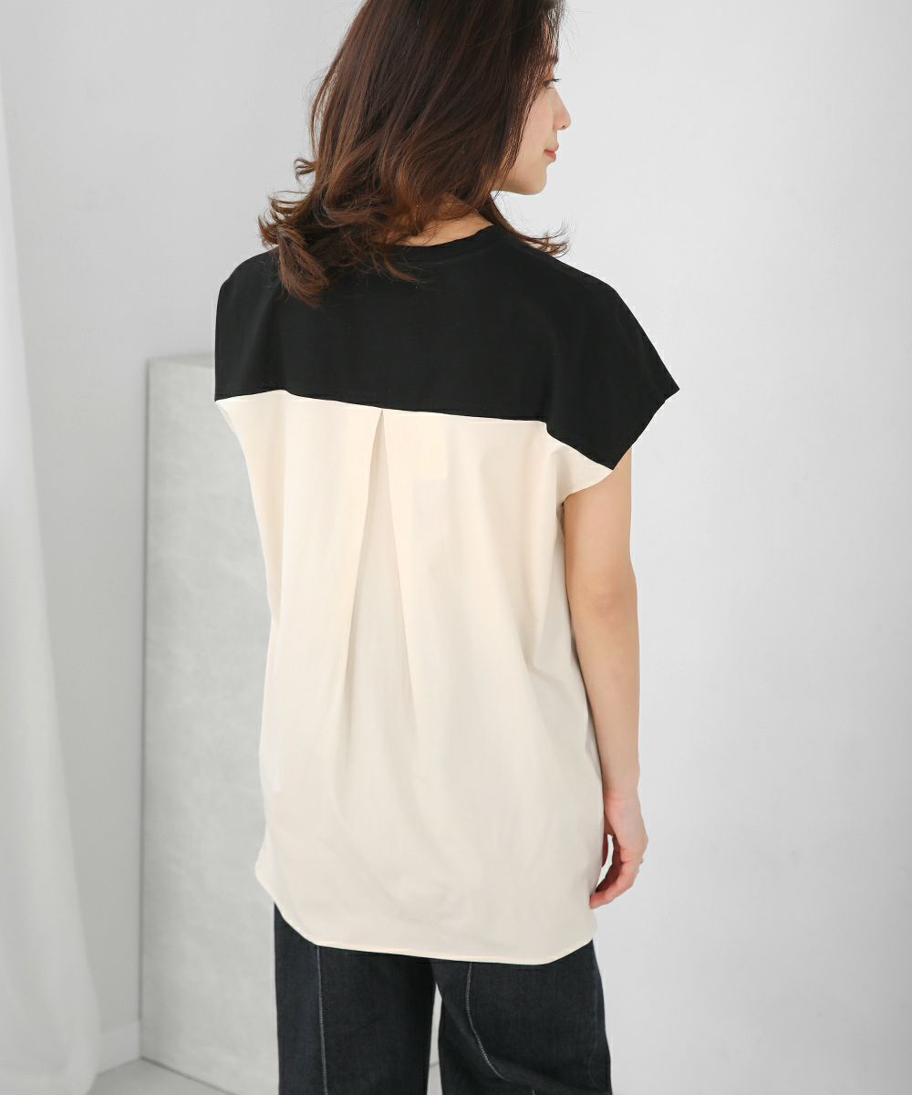 日本 Bab - 撞色拼接抽繩法式袖上衣-白