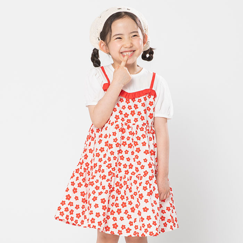 紅花印拼接泡泡袖洋裝-白X紅