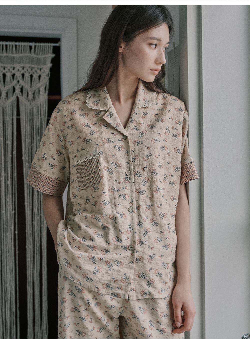 韓國 ULLALA - 復古碎花長褲睡衣(兩件式) (FREE)