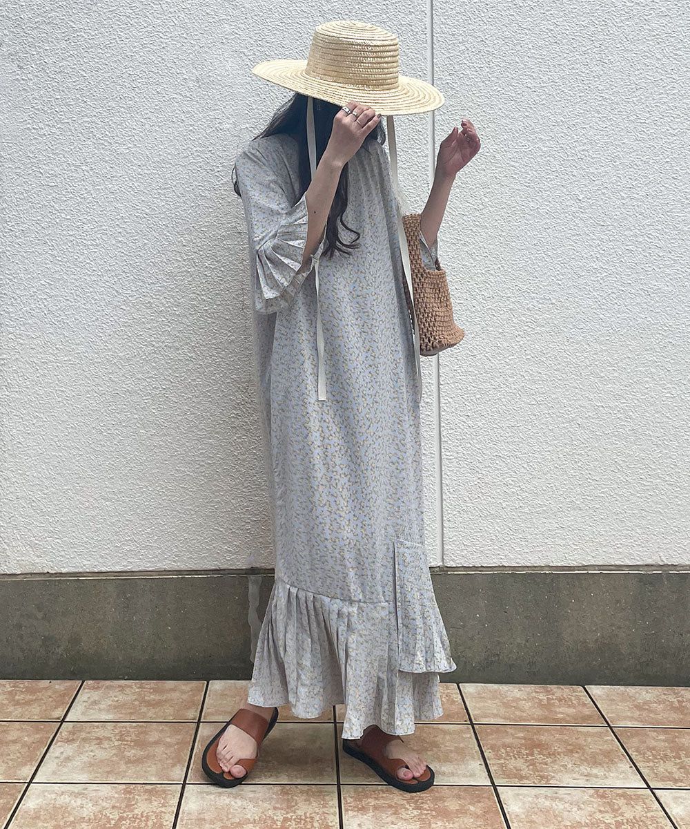 日本 Bab - 圓領碎花糖果袖洋裝-奶油白