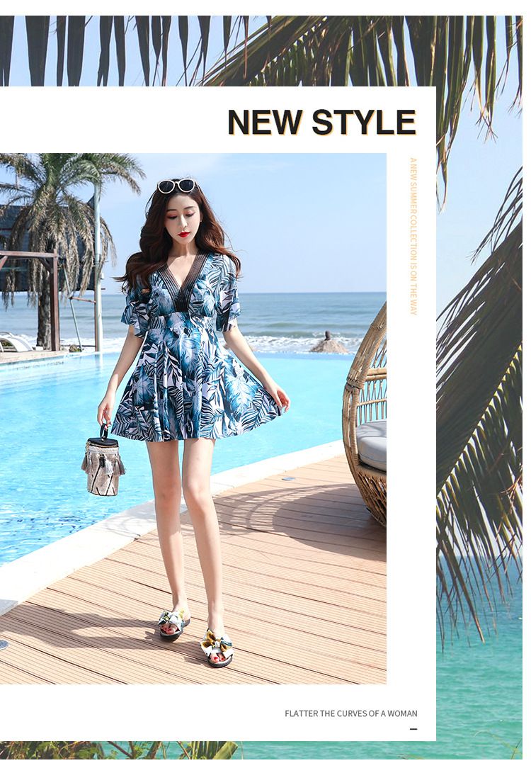 V領修身顯瘦露背連身裙泳衣-滿滿葉子-藍綠色