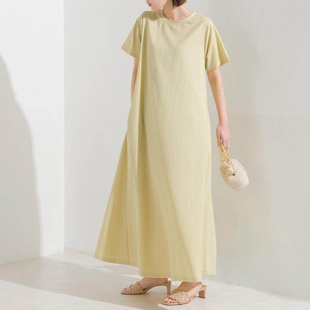 接觸涼感 嫘縈定番圓領短袖洋裝-淺黃