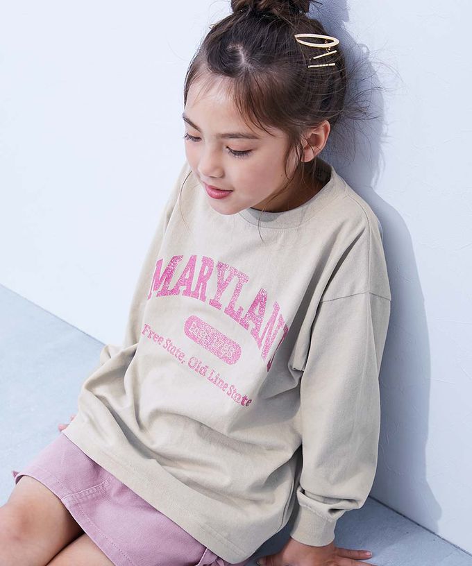 日本 devirock - 100%棉 定番女孩印花長袖上衣-愛心LOGO-煙燻粉