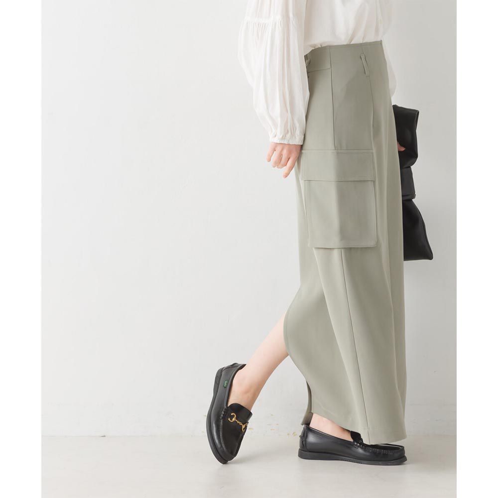 日本 OMNES - 修身後鬆緊側口袋長裙-煙燻綠