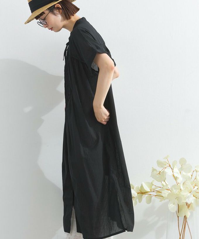 日本 Lupilien - 100%印度棉 細緻鏤空蝴蝶結短袖洋裝-黑