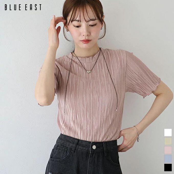 日本 BLUE EAST - 韓國製 圓領輕盈細摺光澤短袖上衣-粉紅 (M)
