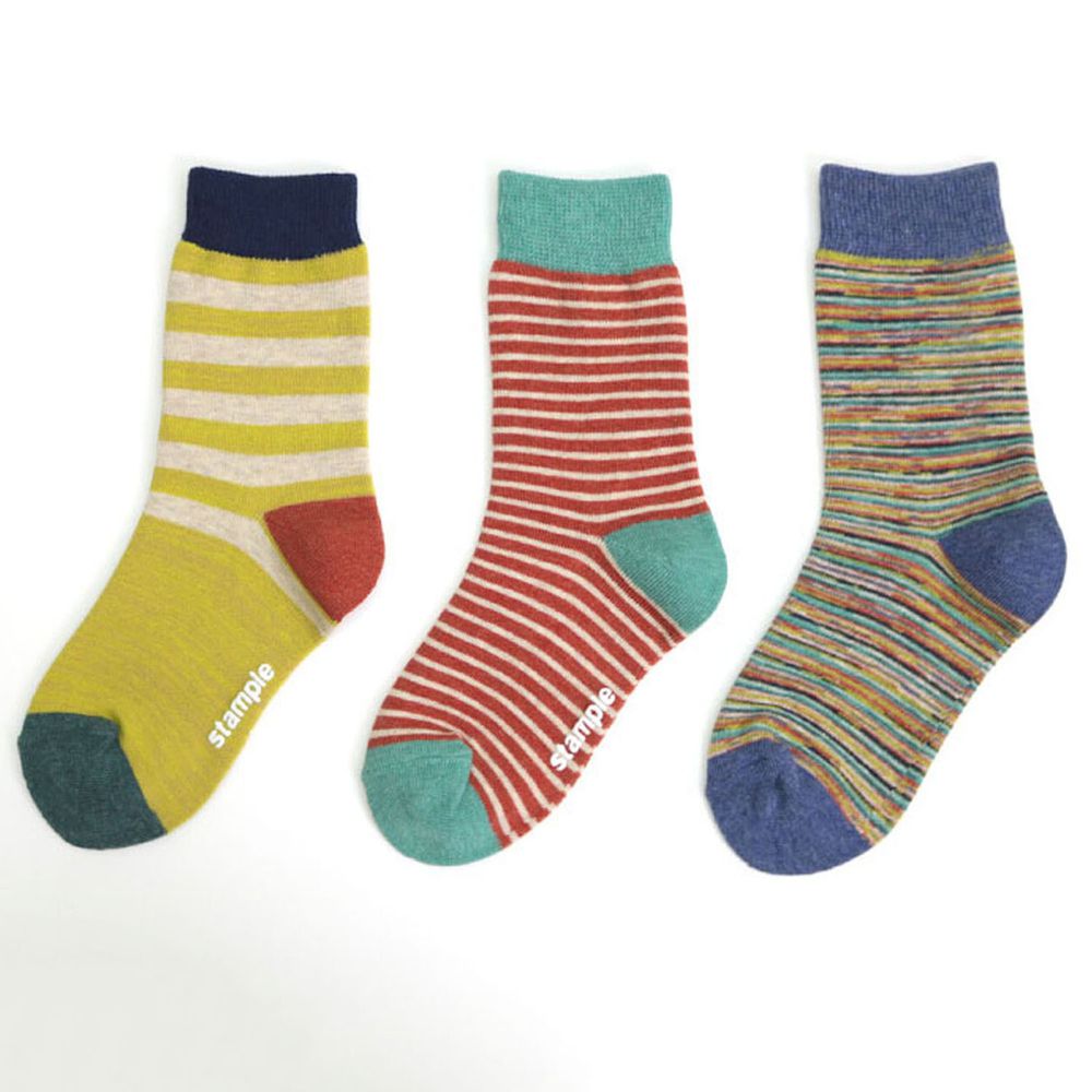 日本 stample - (兒童)中筒襪-超值三雙組-撞色條紋-B(黃x紅x藍)