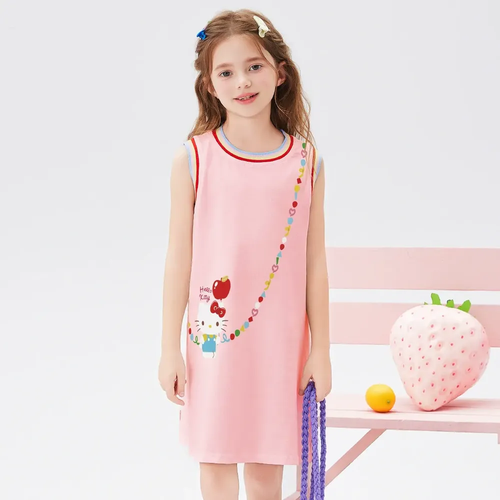 純棉彩虹撞色圓領無袖洋裝-卡通人物Hello Kitty-粉色