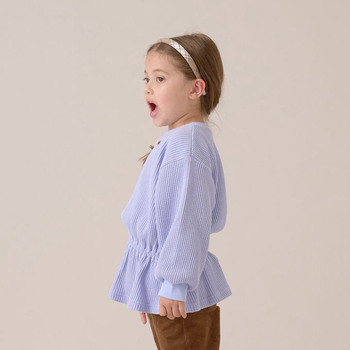 日本 Lycee mine - 華夫格領口小花束腰長袖上衣-淺藍