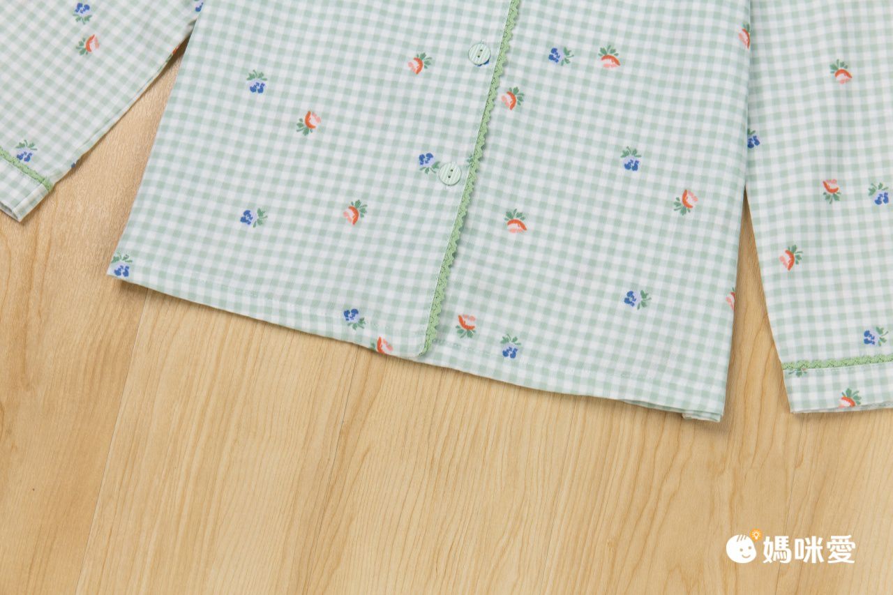 雙層棉紗布長袖家居睡衣套裝-小花綠格