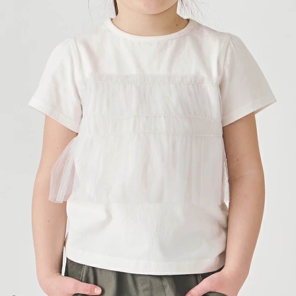 100%棉 層次透明蕾絲短袖上衣-白