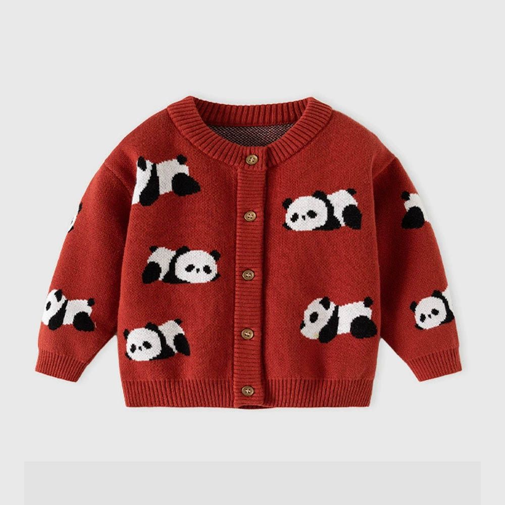 純棉圓領針織排釦外套-可愛熊貓-紅色