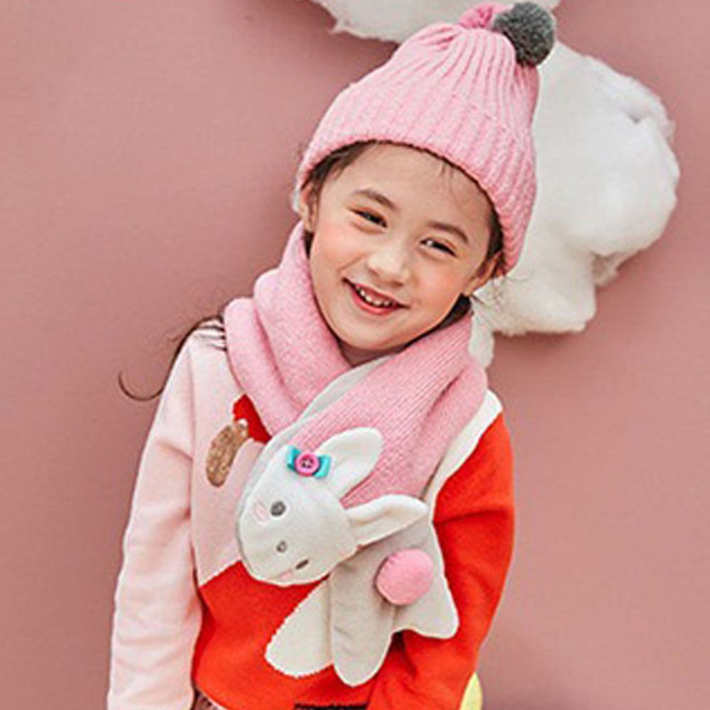 韓國lemonkid - 雙色球糖果帽二件套(圍巾+帽子)-粉小免 (均碼(帽圍52cm,帽深20cm,圍脖長度79cm))