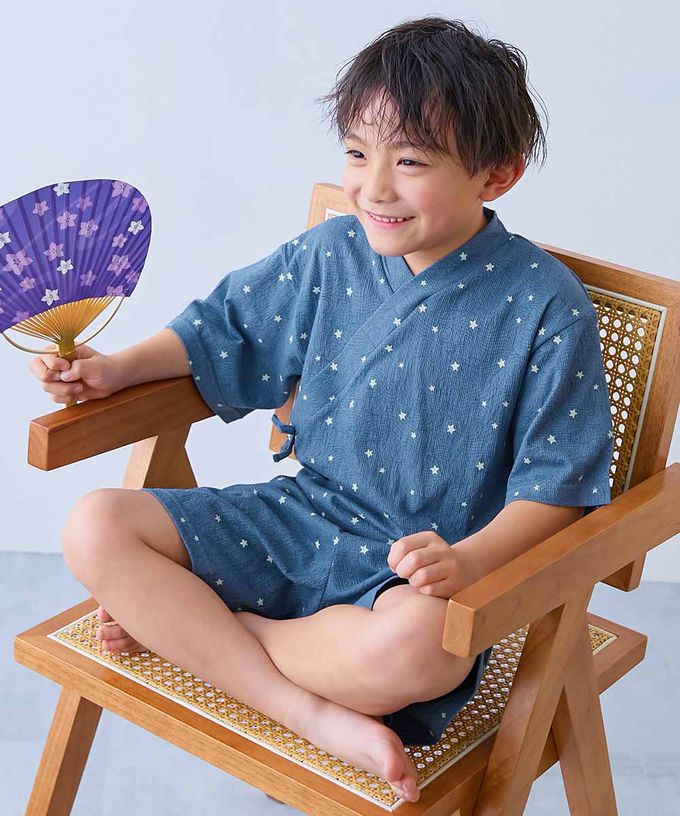 日本 devirock - 夏日風情涼爽紋理甚平套裝-花豹-煙燻藍