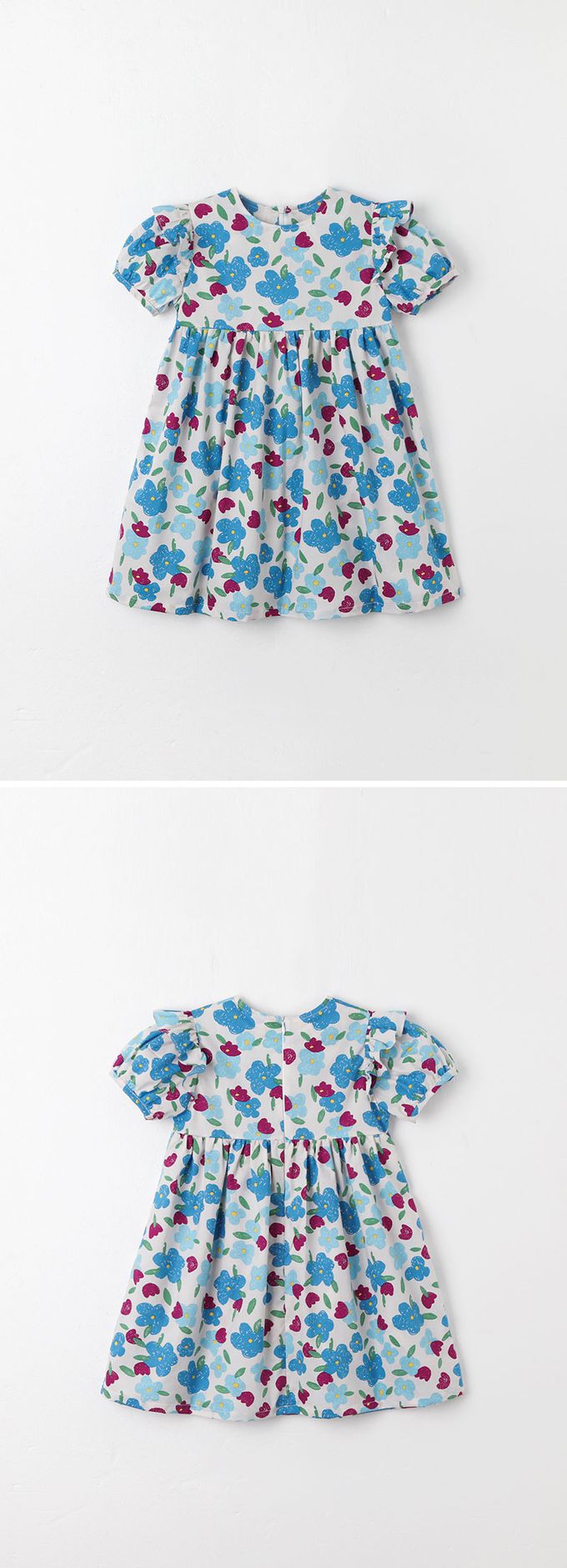 韓國 OZKIZ - 塗鴉花荷葉拼袖連身洋裝-灰藍