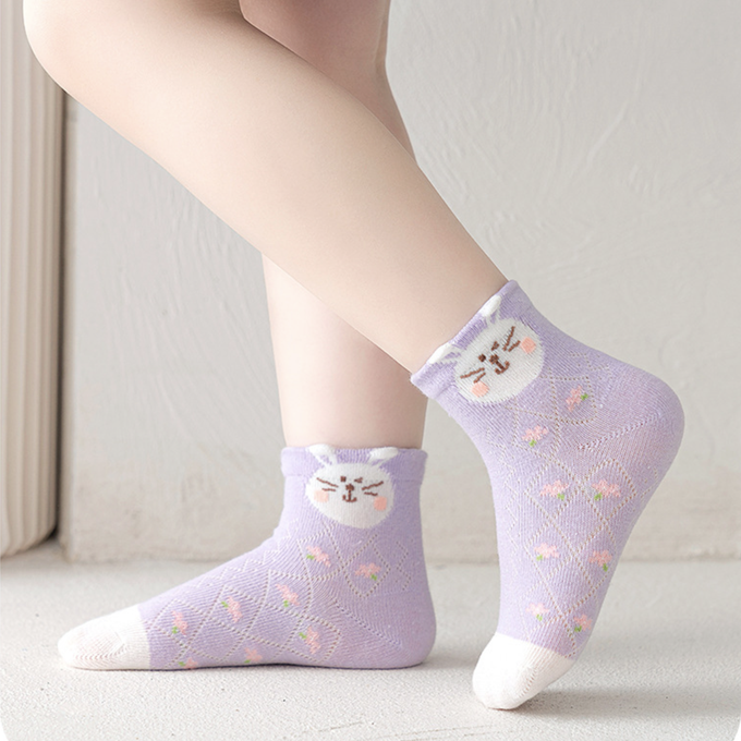 love, charlotte - 泡泡花邊花園小兔紫色網眼短筒棉襪-5 雙一組