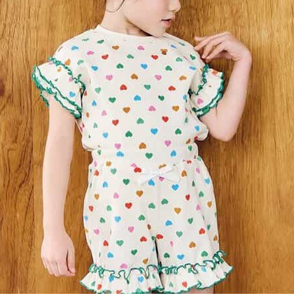 華夫格QQ荷葉短袖上衣-彩色愛心-象牙白