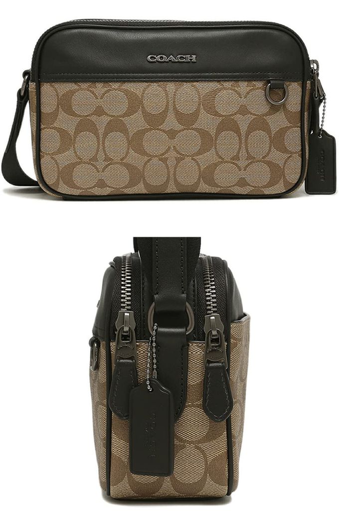 COACH - 滿版LOGO拼接皮革斜背包 (卡其黑)