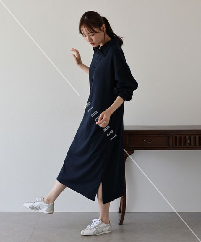 日本 BLUE EAST - 半拉鏈時尚休閒長袖洋裝-象牙白