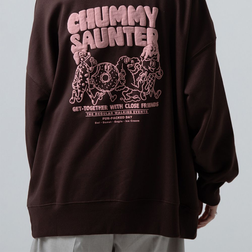 裏毛寬版甜點好友印花大學T-咖啡x粉紅