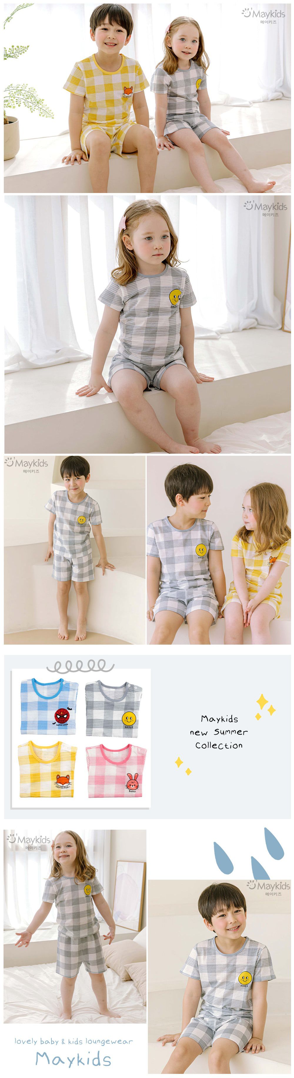 韓國 Maykids - 有機棉透氣輕薄短袖家居服-格子灰