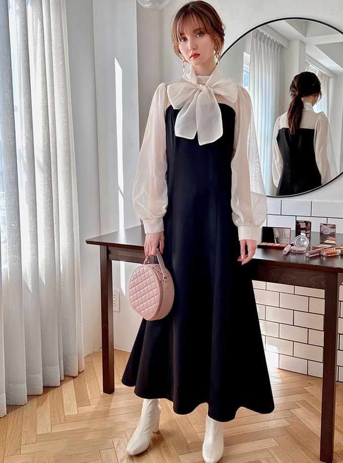 日本 GRL - 法式優雅雪紡拼接洋裝-黑