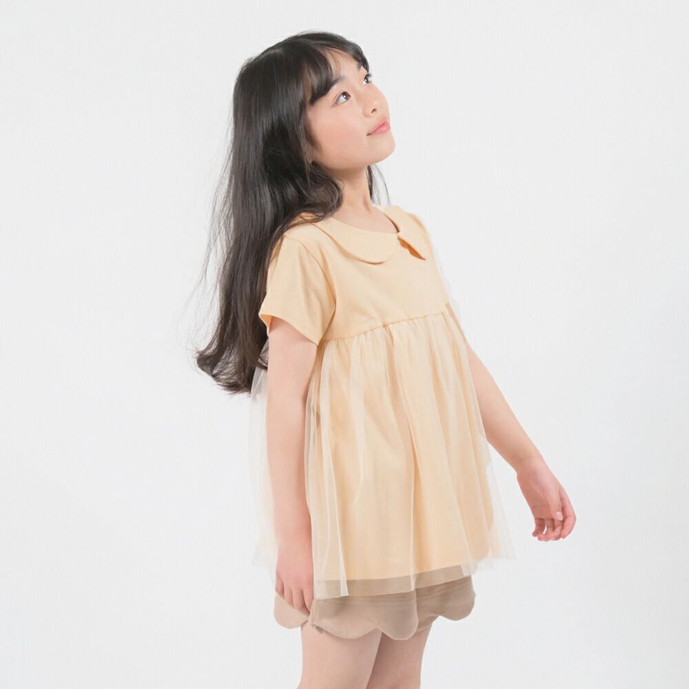 日本 evercloset - 甜美雙層紗娃娃領短袖上衣-粉橘