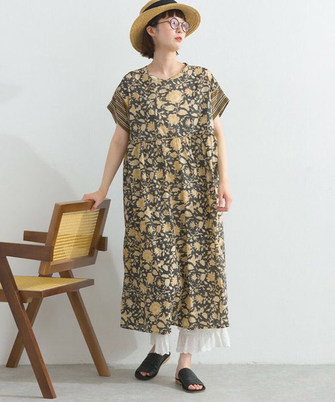 日本 Lupilien - 前後2way 自然風花卉印度棉輕盈洋裝-海軍藍