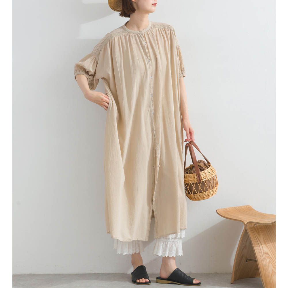 100%印度棉 輕盈巴里紗襯衫洋裝-淺卡其