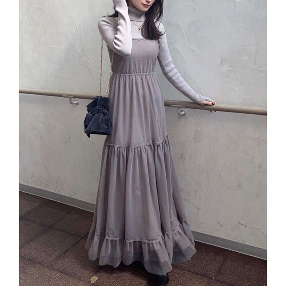 高領針織洋裝+絕美薄紗蛋糕裙2件式套裝-灰杏