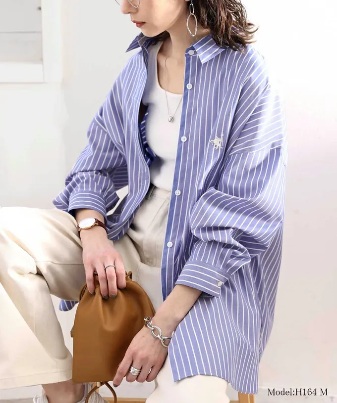 日本 Classical Elf - 胸前刺繡直條紋率性長袖襯衫-深灰