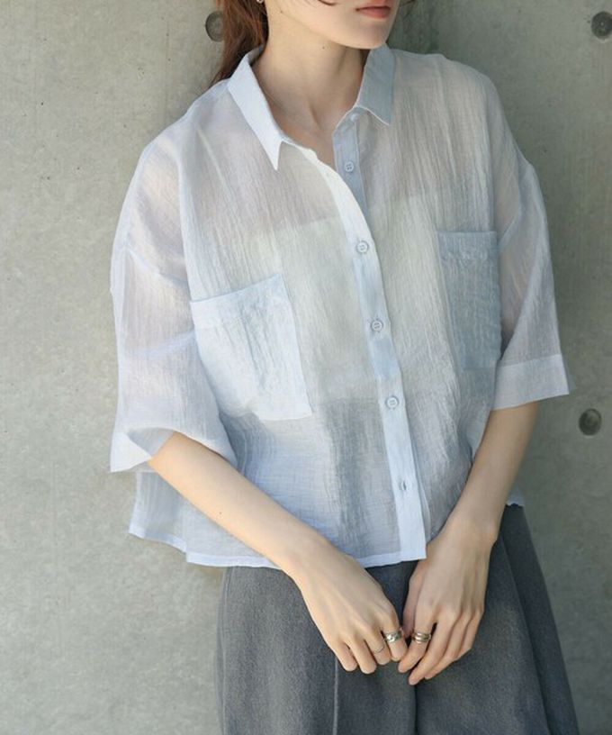 日本 Bab - 透膚感清爽短版五分袖襯衫-水藍 (M)