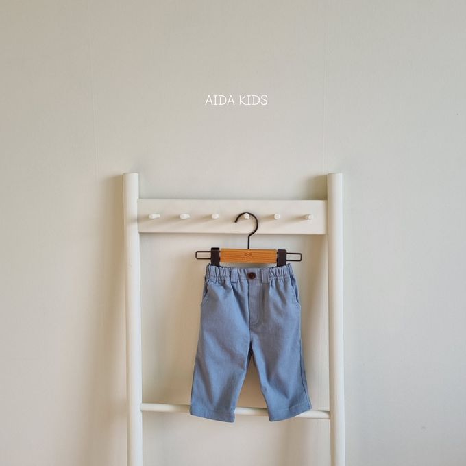 韓國 AIDA - 鬆緊腰純色直筒長褲-天藍